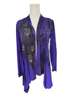 EUC Jostar Purple & Black Beaded Peacock Drape Cardigan Travel Friendly | Size M